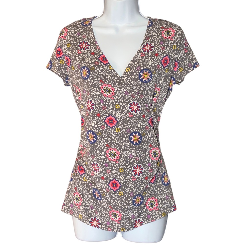 Boden Womens Grey Floral Medallion Ruched Faux Wrap V-Neck Top US 8